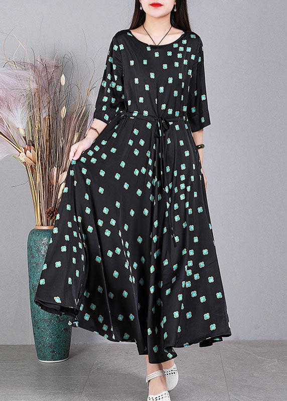 Black O-neck Print Drawstring Exra Large Hem Silk Cinch Dress Half Sleeve