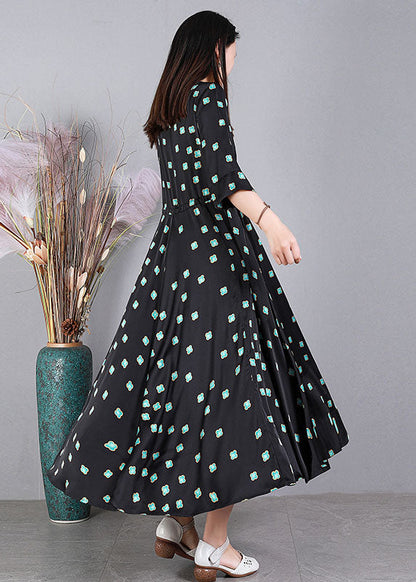 Black O-neck Print Drawstring Exra Large Hem Silk Cinch Dress Half Sleeve