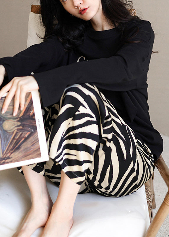 Black O-neck Graphic T Shirts and Straight Pants Two Pieces Set Long Sleeve