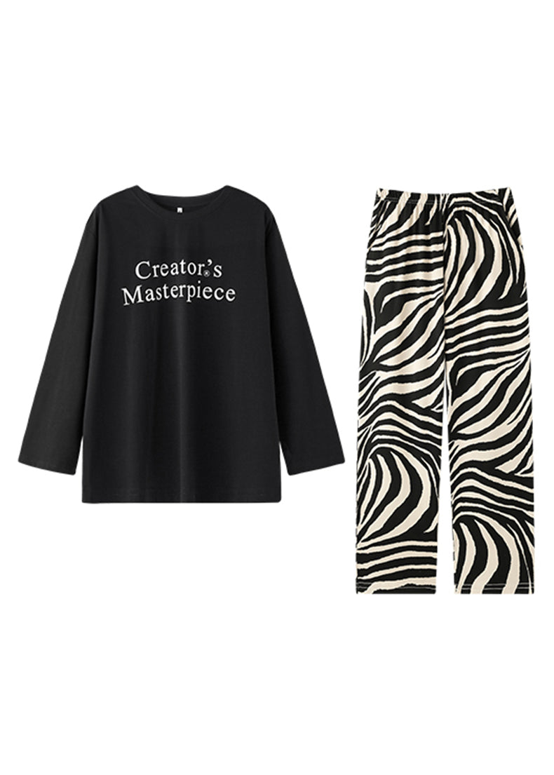 Black O-neck Graphic T Shirts and Straight Pants Two Pieces Set Long Sleeve