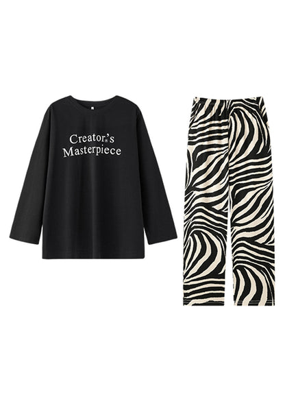 Black O-neck Graphic T Shirts and Straight Pants Two Pieces Set Long Sleeve