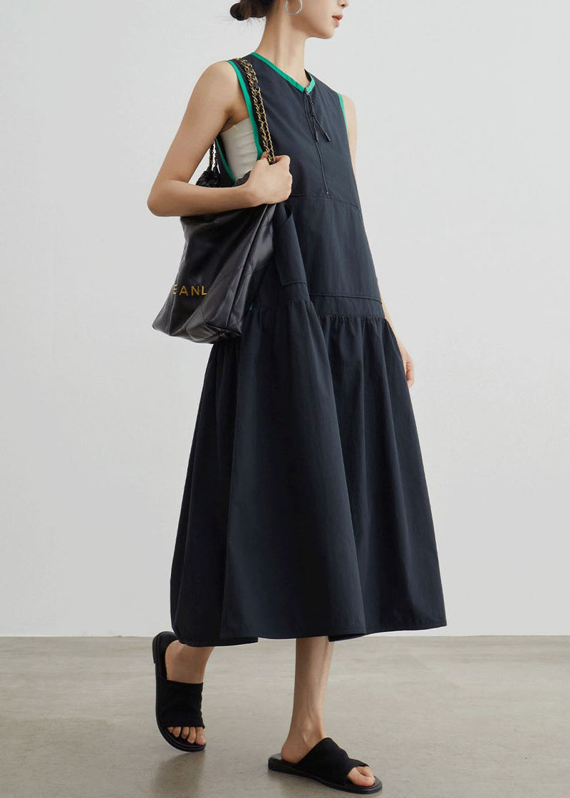 Black O Neck Patchwork Cotton Dress Sleeveless