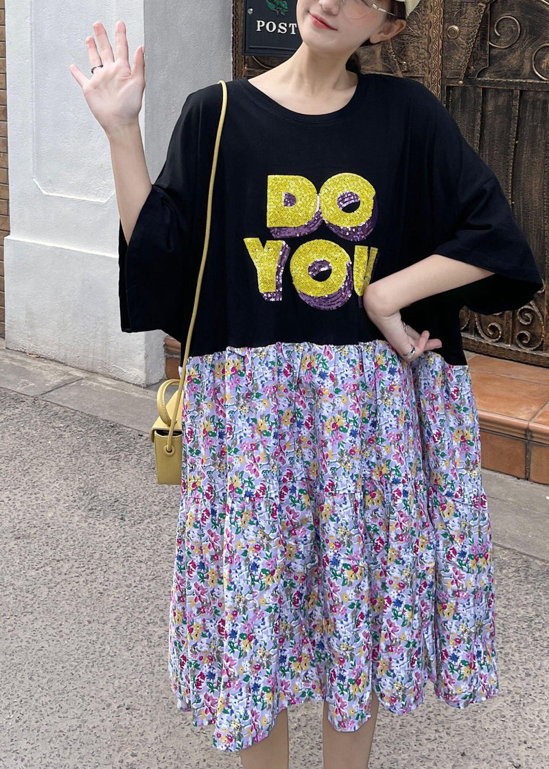 Black O-neck Patchwork Summer Half Sleeve Dresses