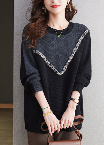 Black O Neck Patchwork Woolen Knit Sweaters Spring