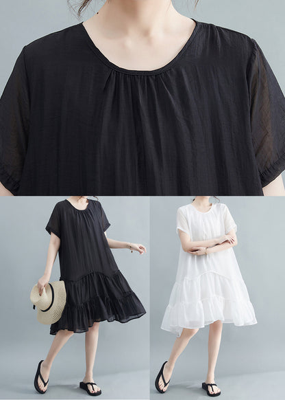 Black O-neck Patchwork Wrinkled Cotton Dresses Summer