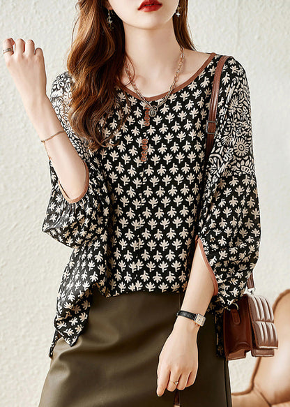 Black O-neck Print Chiffon Shirt Half Sleeve