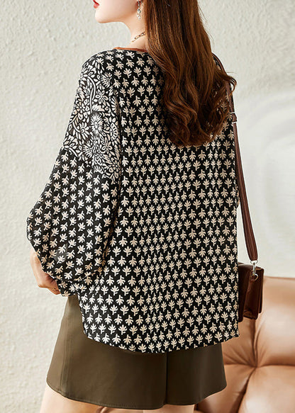 Black O-neck Print Chiffon Shirt Half Sleeve