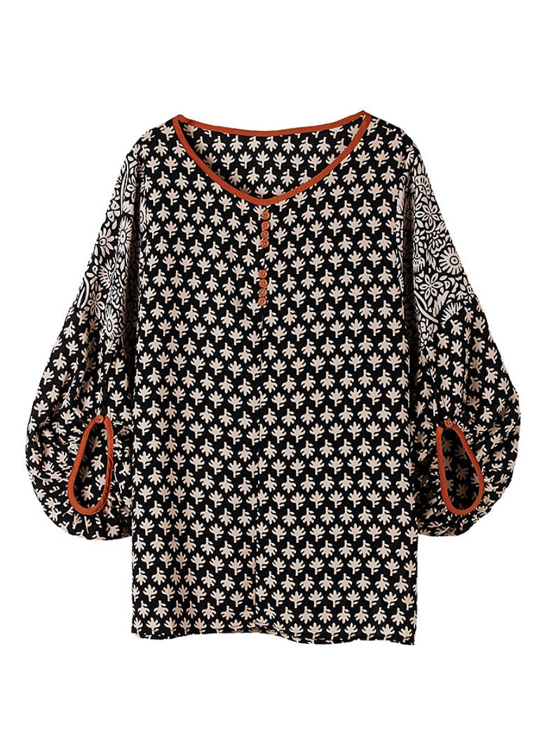 Black O-neck Print Chiffon Shirt Half Sleeve