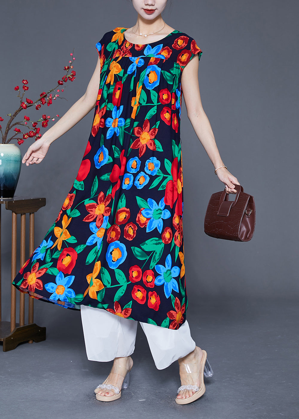 Black O-neck Print Cotton Maxi Dress Summer