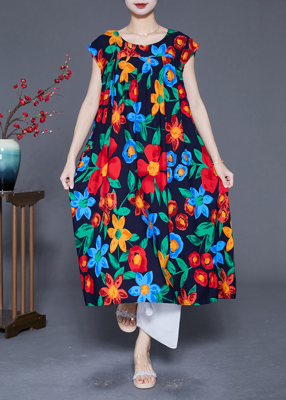 Black O-neck Print Cotton Maxi Dress Summer