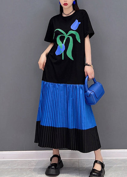 Black O-neck Print Patchwork Pleated Dress Short Sleeve