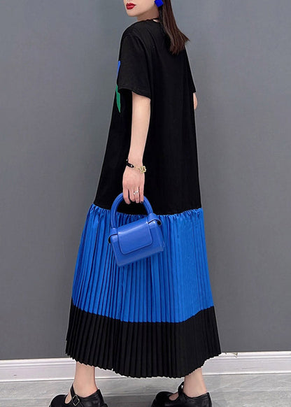 Black O-neck Print Patchwork Pleated Dress Short Sleeve