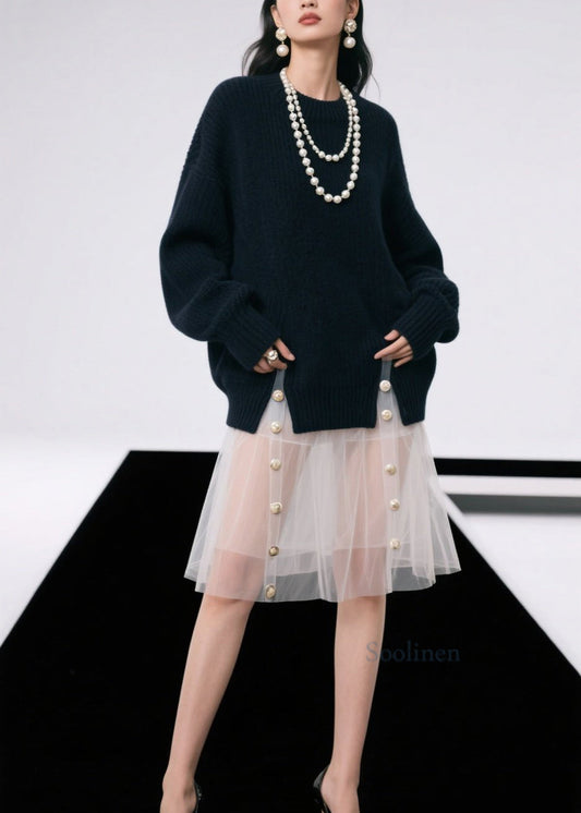 Black O Neck Side Open Knit Pullover Fall