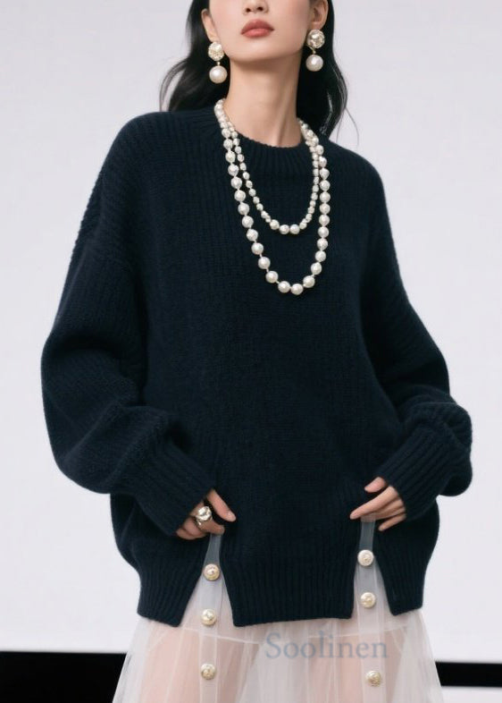 Black O Neck Side Open Knit Pullover Fall