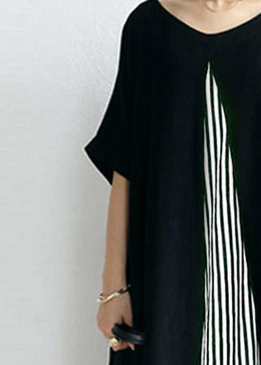 Black O-neck Striped Patchwork Cozy Maxi Dress Short Sleeve