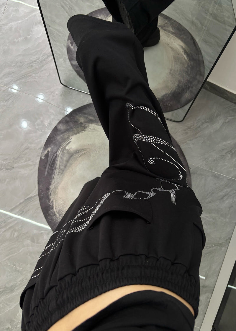Black Oversized Letter Zircon Cotton Wide Leg Pants Spring