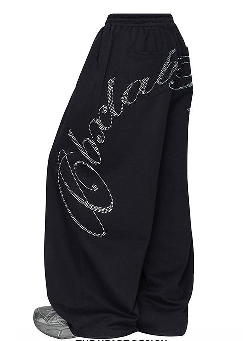 Black Oversized Letter Zircon Cotton Wide Leg Pants Spring