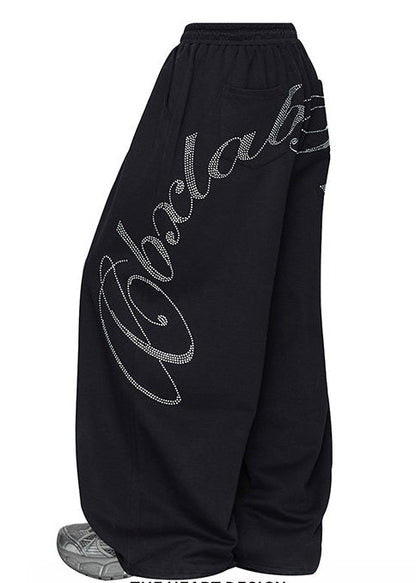 Black Oversized Letter Zircon Cotton Wide Leg Pants Spring