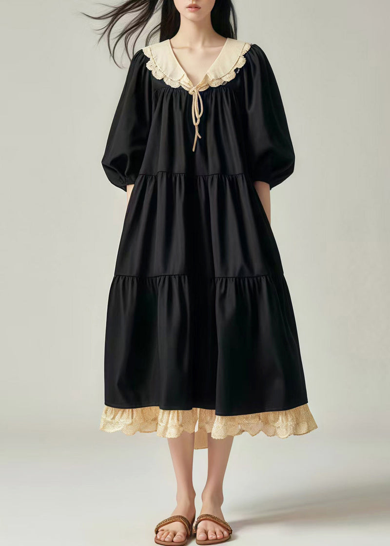 Black Oversized Patchwork Cotton Vacation Dresses Lantern Sleeve