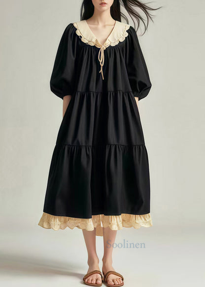 Black Oversized Patchwork Cotton Vacation Dresses Lantern Sleeve