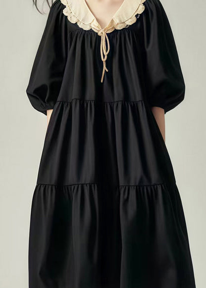 Black Oversized Patchwork Cotton Vacation Dresses Lantern Sleeve
