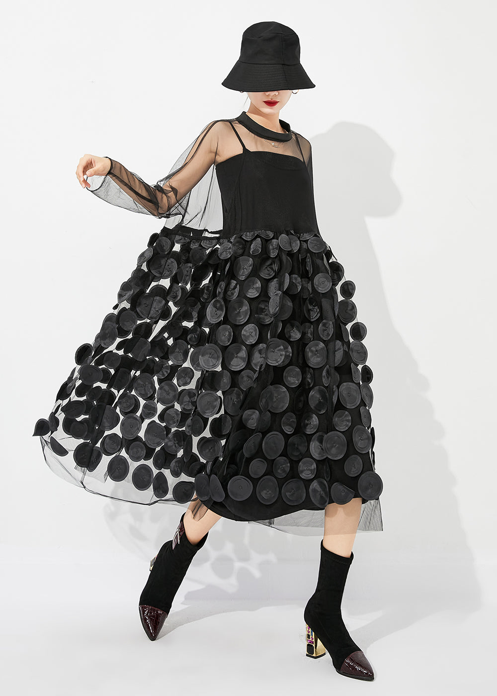 Black Oversized Patchwork Hollow Out Tulle Long Dress Summer