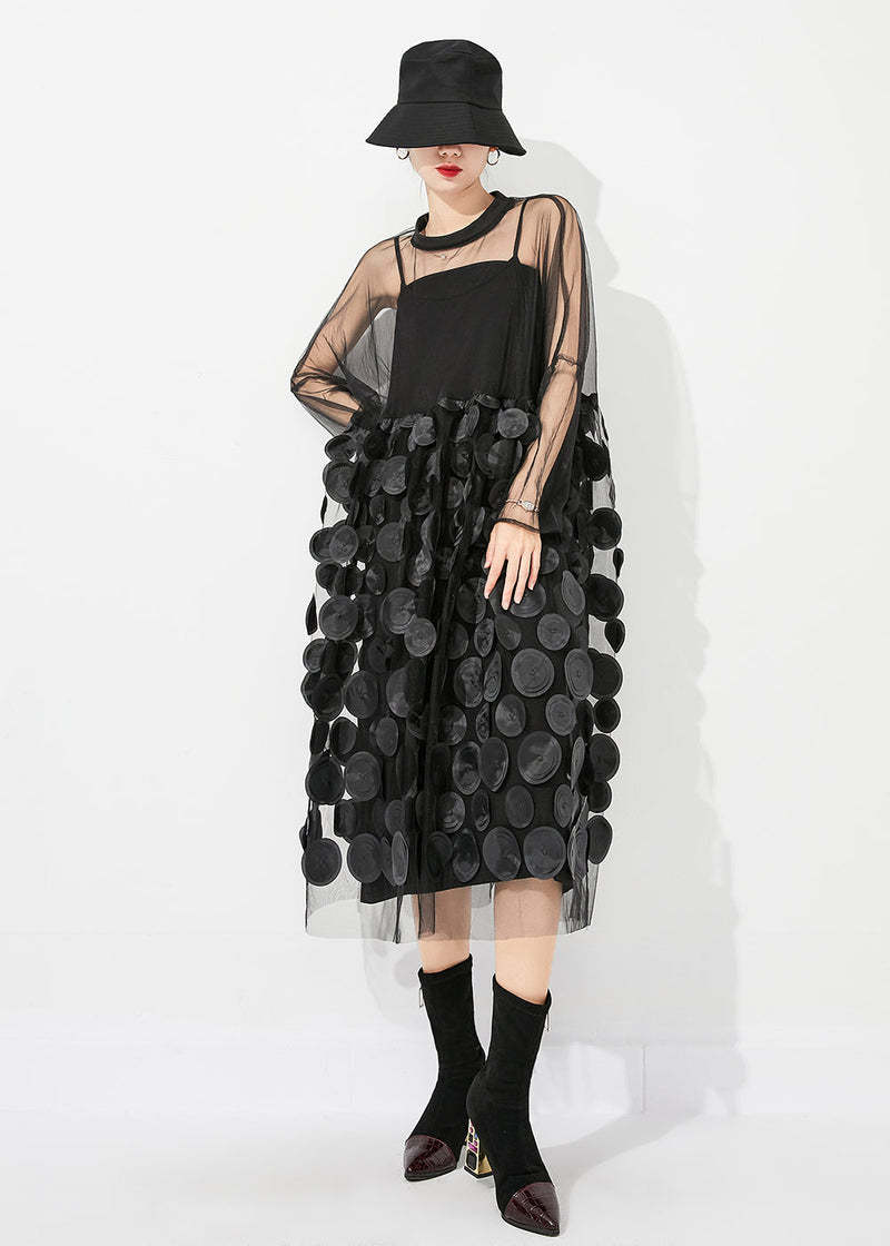Black Oversized Patchwork Hollow Out Tulle Long Dress Summer