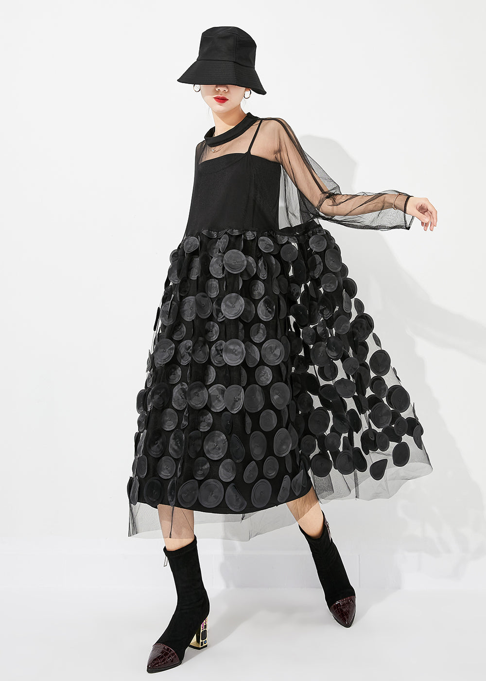 Black Oversized Patchwork Hollow Out Tulle Long Dress Summer