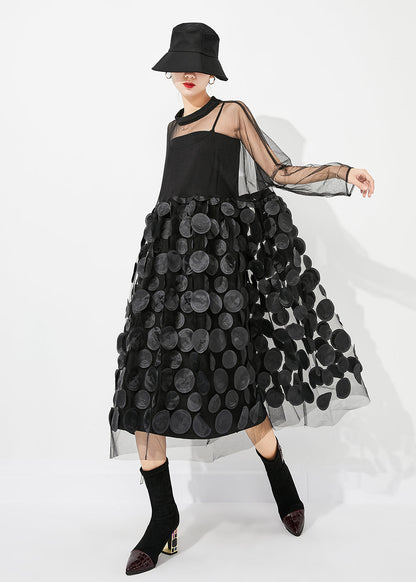 Black Oversized Patchwork Hollow Out Tulle Long Dress Summer