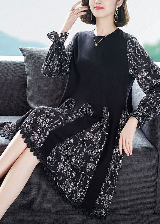 Black Oversized Patchwork Print Chiffon Robe Dresses Spring