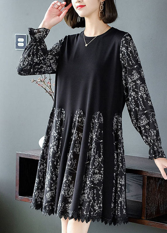 Black Oversized Patchwork Print Chiffon Robe Dresses Spring
