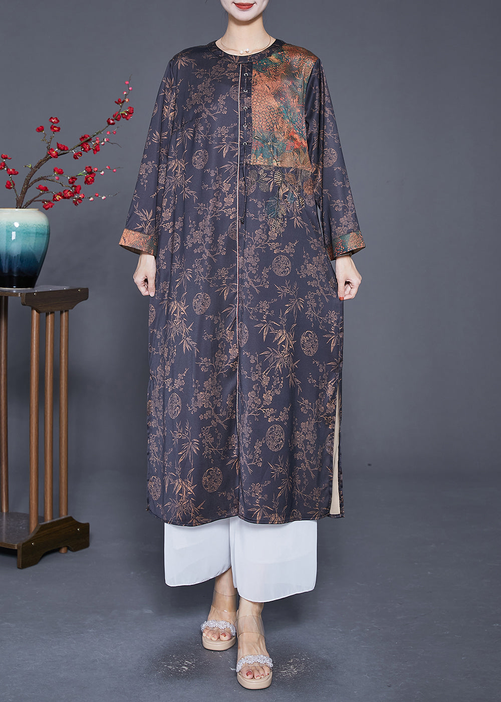 Black Oversized Patchwork Side Open Silk Vacation Dresses Summer