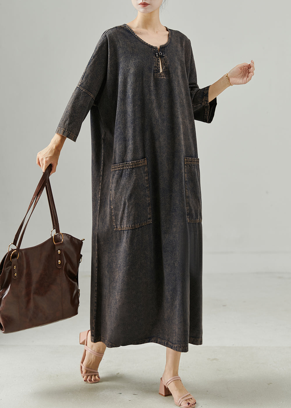 Black Oversized Pockets Denim Holiday Dress Spring
