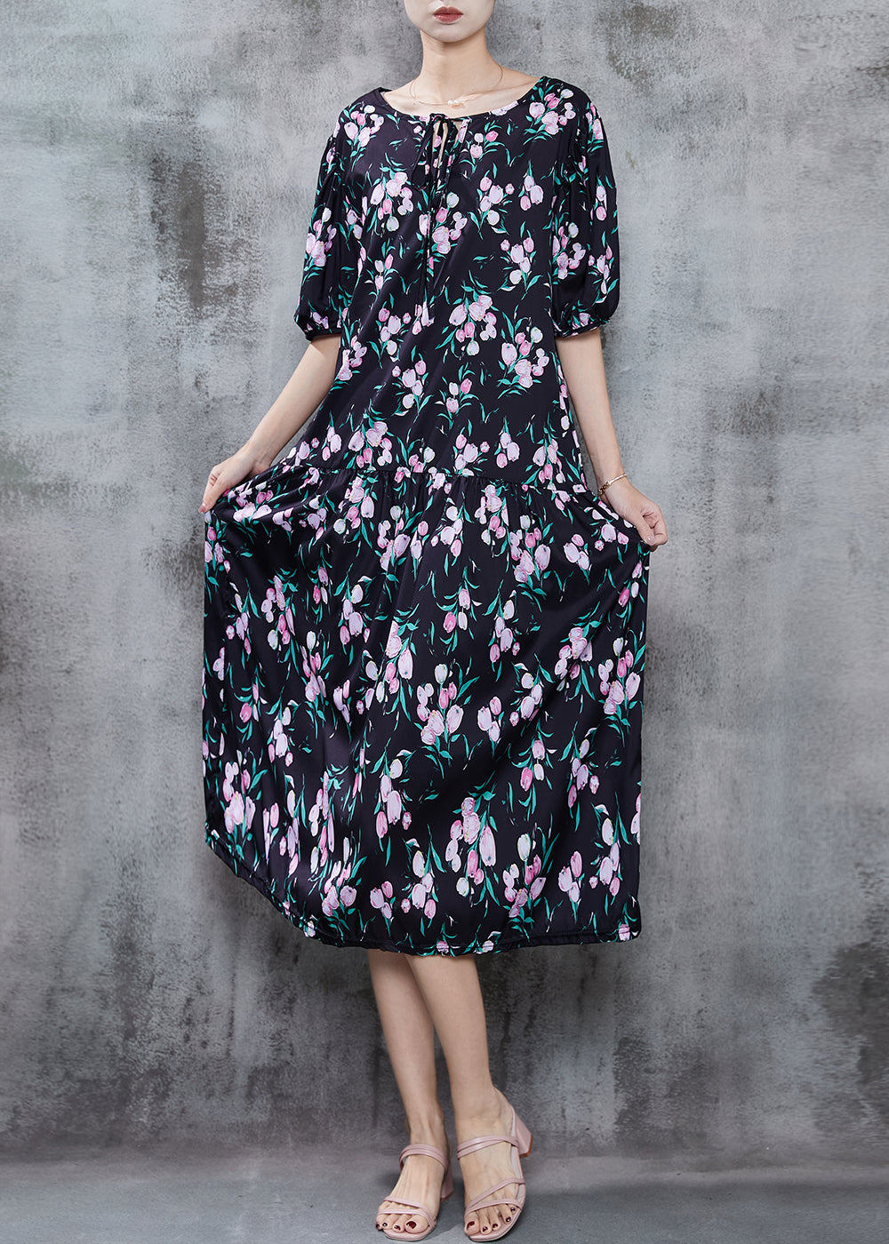 Black Oversized Print Chiffon Holiday Dress Summer