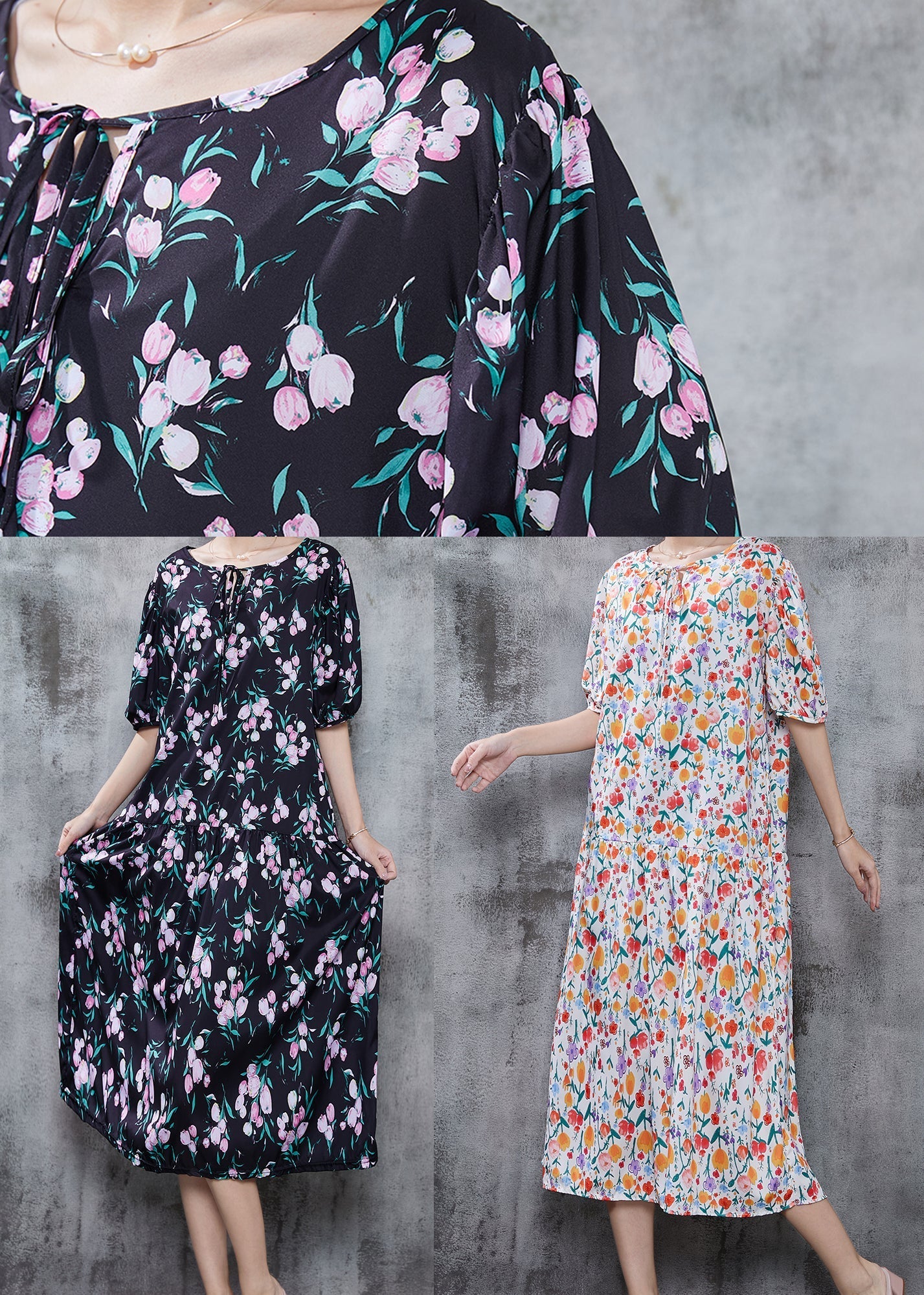 Black Oversized Print Chiffon Holiday Dress Summer