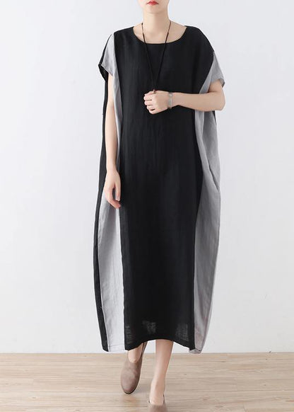Black Patchwork Bat Wing Sleeve Mid Summer Linen Dress