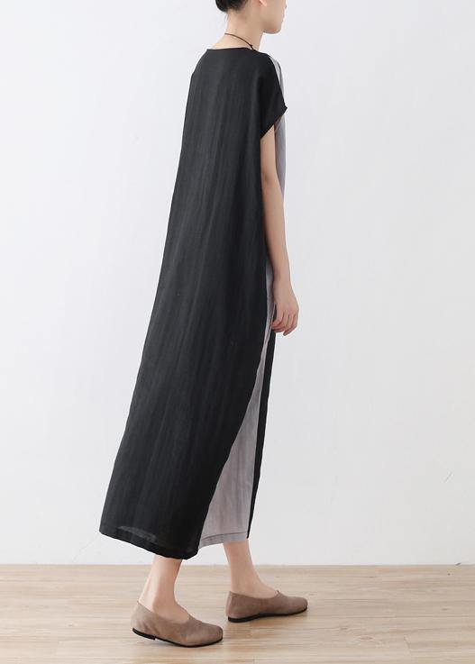 Black Patchwork Bat Wing Sleeve Mid Summer Linen Dress
