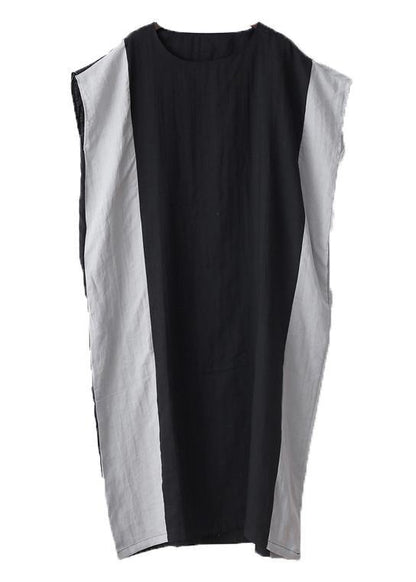 Black Patchwork Bat Wing Sleeve Mid Summer Linen Dress