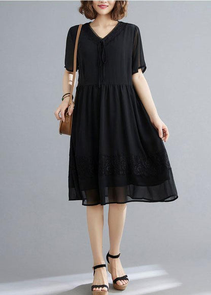 Black Patchwork Lace V Neck Mid Dress Summer Chiffon Dress