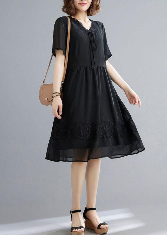 Black Patchwork Lace V Neck Mid Dress Summer Chiffon Dress