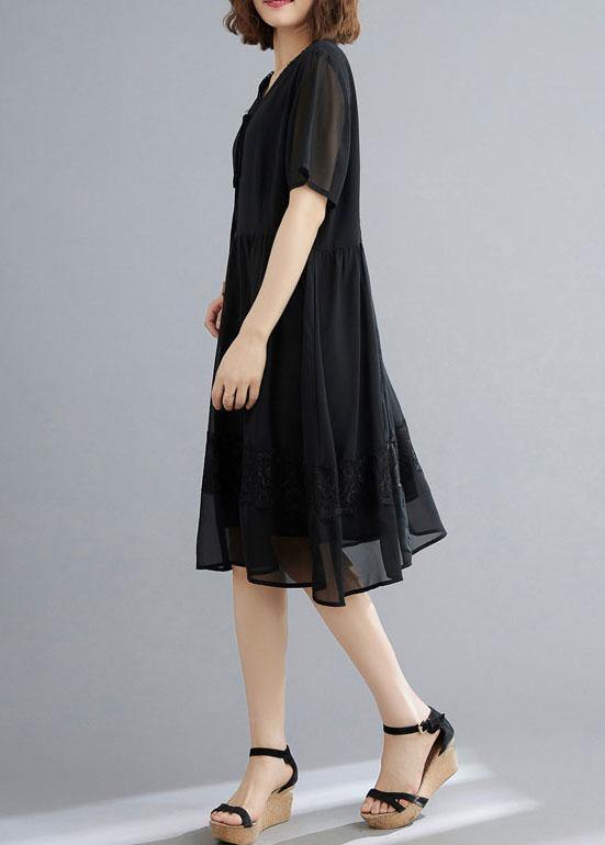 Black Patchwork Lace V Neck Mid Dress Summer Chiffon Dress