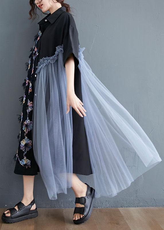 Black Patchwork Tulle Peter Pan Collar Summer Button Dresses Half Sleeve