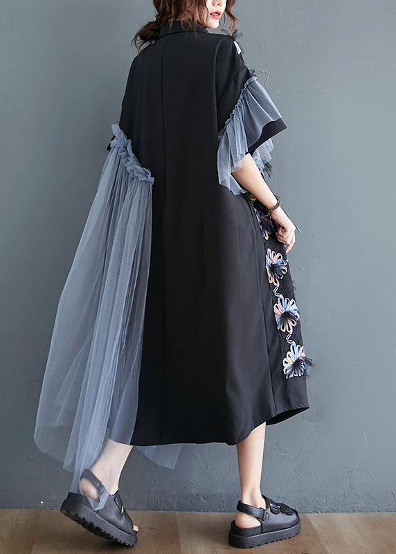 Black Patchwork Tulle Peter Pan Collar Summer Button Dresses Half Sleeve