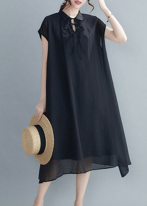 Black Peter Pan Collar Chiffon Holiday Dress Short Sleeve