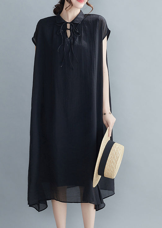 Black Peter Pan Collar Chiffon Holiday Dress Short Sleeve