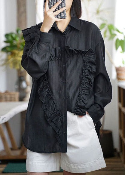 Black Peter Pan Collar Ruffled Patchwork Cotton Shirt Tops Fall