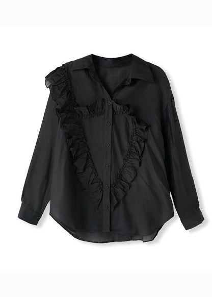 Black Peter Pan Collar Ruffled Patchwork Cotton Shirt Tops Fall