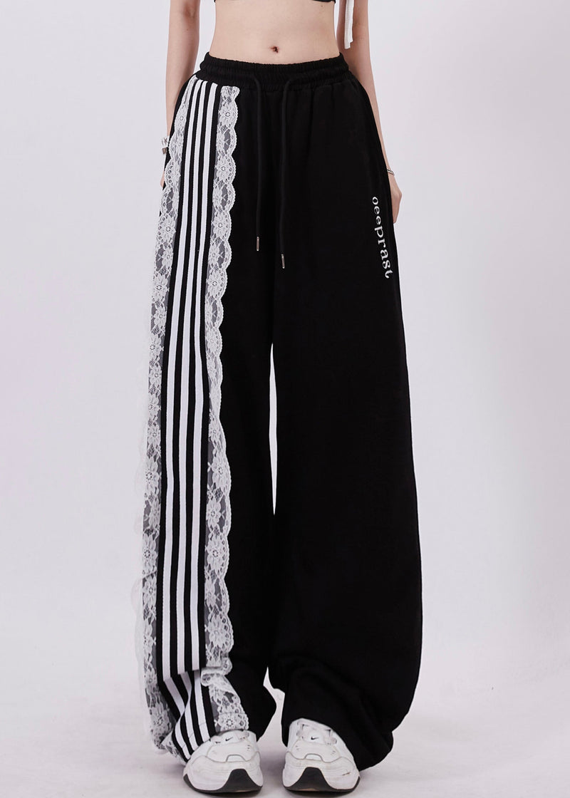 Black Pockets High Waist Lace Up Patchwork Pants Summer