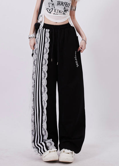 Black Pockets High Waist Lace Up Patchwork Pants Summer