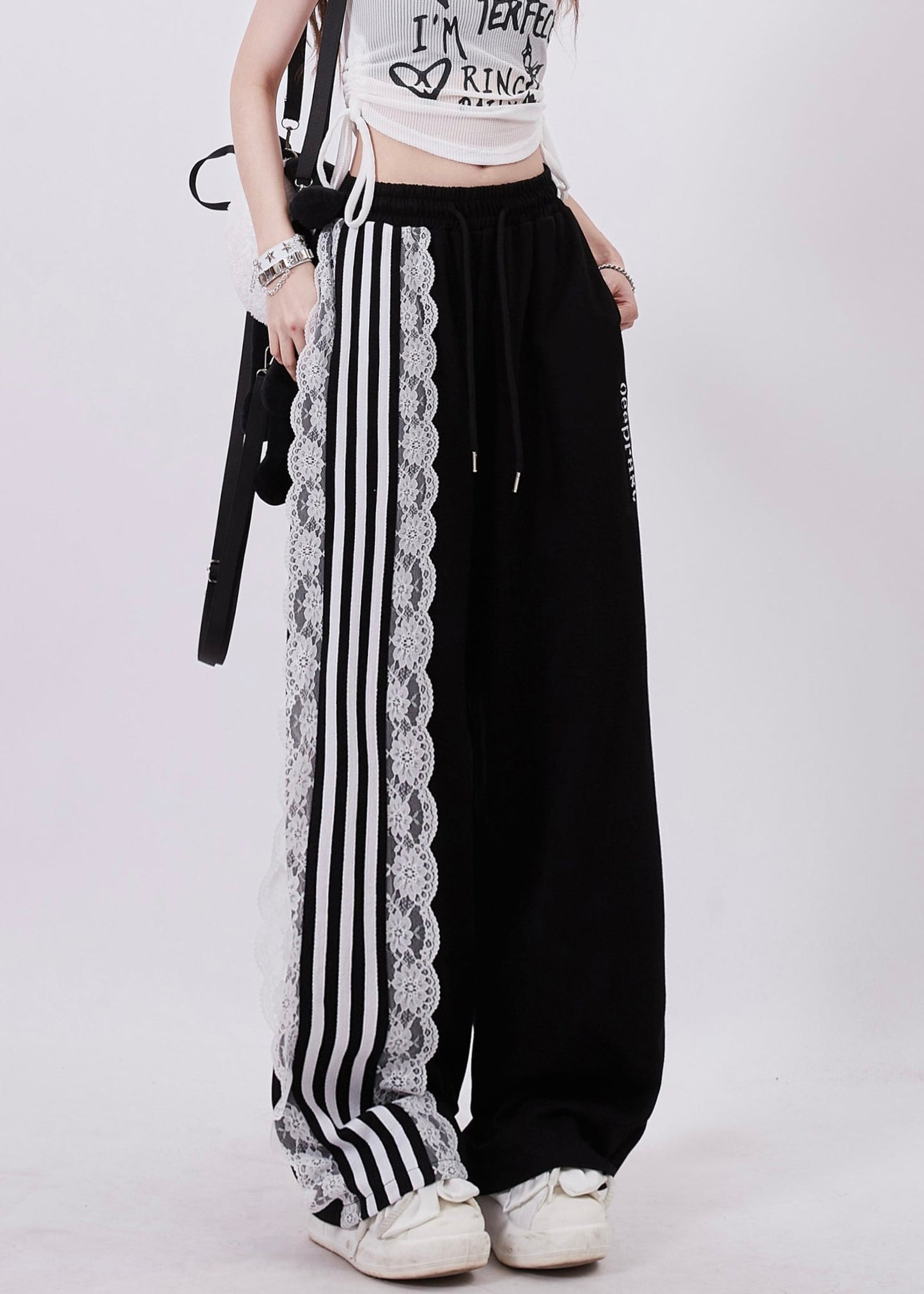 Black Pockets High Waist Lace Up Patchwork Pants Summer